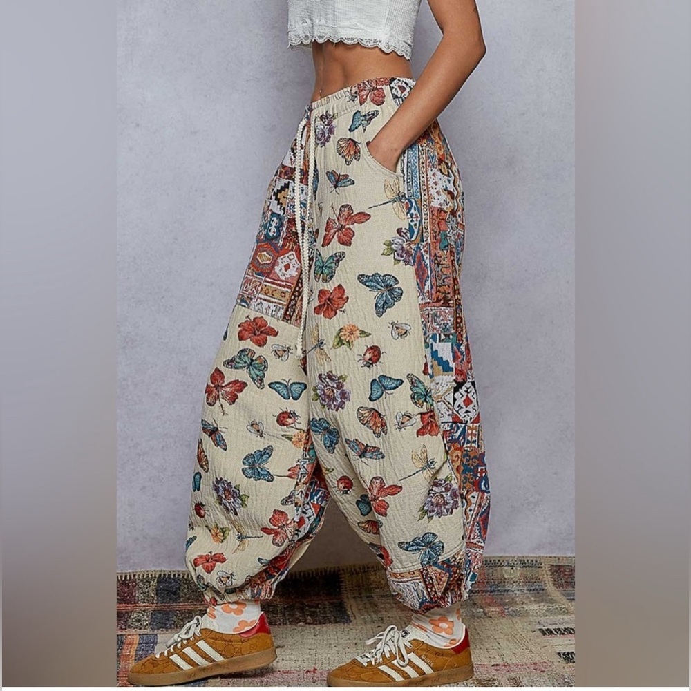 POL Cream Boho Butterfly Print Harem Pants - Picture 2 of 4